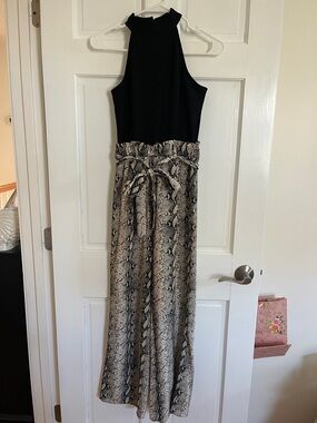 Black Halter Top Jumpsuit with Snake Print Wide Leg Pants